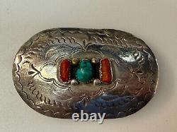 Navajo D. C Thomas Sterling Silver Turquoise & Coral Vintage Belt Buckle