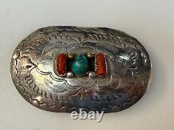 Navajo D. C Thomas Sterling Silver Turquoise & Coral Vintage Belt Buckle
