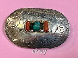 Navajo D. C Thomas Sterling Silver Turquoise & Coral Vintage Belt Buckle