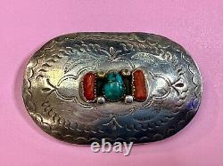 Navajo D. C Thomas Sterling Silver Turquoise & Coral Vintage Belt Buckle