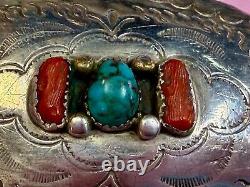 Navajo D. C Thomas Sterling Silver Turquoise & Coral Vintage Belt Buckle