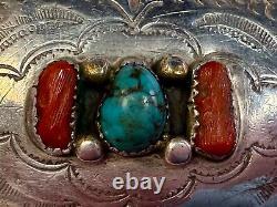 Navajo D. C Thomas Sterling Silver Turquoise & Coral Vintage Belt Buckle