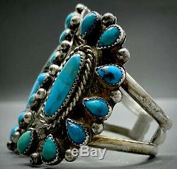 OLD Vintage Zuni Sterling Silver Kingman Turquoise Cluster Cuff Bracelet