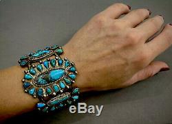 OLD Vintage Zuni Sterling Silver Kingman Turquoise Cluster Cuff Bracelet