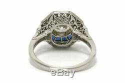 Octagon Vintage Art Deco Halo Ring 1.9 Ct Diamond Sapphire Antique 14K Gold Over