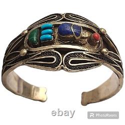Old EGYPTIAN REVIVAL TURQUOISE & CORAL, SCARAB SILVER BRACELET