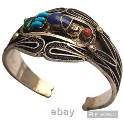 Old EGYPTIAN REVIVAL TURQUOISE & CORAL, SCARAB SILVER BRACELET