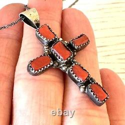 Old Navajo Cross Pendant Red Branch Coral 1.75in VTG R Boyd Sterling Necklace