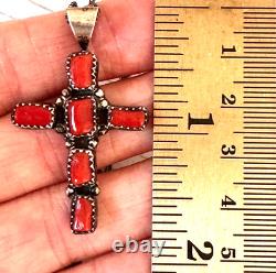 Old Navajo Cross Pendant Red Branch Coral 1.75in VTG R Boyd Sterling Necklace