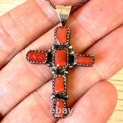 Old Navajo Cross Pendant Red Branch Coral 1.75in VTG R Boyd Sterling Necklace