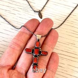 Old Navajo Cross Pendant Red Branch Coral 1.75in VTG R Boyd Sterling Necklace