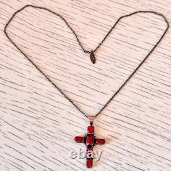 Old Navajo Cross Pendant Red Branch Coral 1.75in VTG R Boyd Sterling Necklace