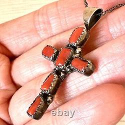 Old Navajo Cross Pendant Red Branch Coral 1.75in VTG R Boyd Sterling Necklace