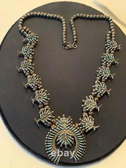 Old Pawn Vintage Zuni Sterling Needle Point Turquoise Squash Blossom Necklace