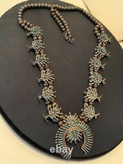 Old Pawn Vintage Zuni Sterling Needle Point Turquoise Squash Blossom Necklace
