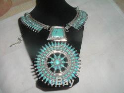 P. M. Begay Vtg Sterling Silver Petit Point Turquoise Squash Blossom Necklace