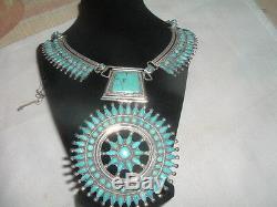 P. M. Begay Vtg Sterling Silver Petit Point Turquoise Squash Blossom Necklace