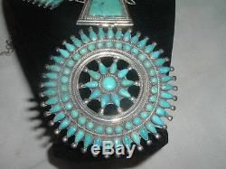 P. M. Begay Vtg Sterling Silver Petit Point Turquoise Squash Blossom Necklace