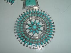 P. M. Begay Vtg Sterling Silver Petit Point Turquoise Squash Blossom Necklace