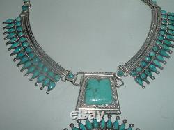 P. M. Begay Vtg Sterling Silver Petit Point Turquoise Squash Blossom Necklace