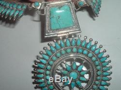 P. M. Begay Vtg Sterling Silver Petit Point Turquoise Squash Blossom Necklace