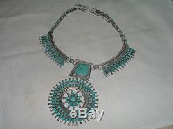 P. M. Begay Vtg Sterling Silver Petit Point Turquoise Squash Blossom Necklace