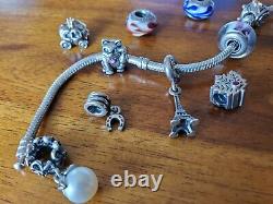 PANDORA 7.5 Vintage Sterling Silver Bracelet & 14 Charms, Barrel Clasp ALE/925