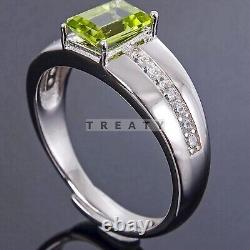 Peridot Emerald Cut Gemstone With 925 Sterling Silver Ring For Men's #91