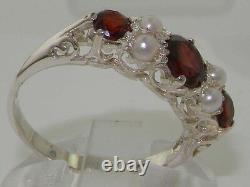 Quality Vintage Design Solid 925 Sterling Silver Natural Garnet & Pearl Ring