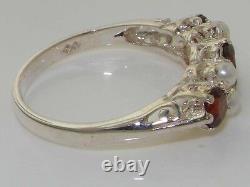 Quality Vintage Design Solid 925 Sterling Silver Natural Garnet & Pearl Ring