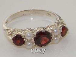 Quality Vintage Design Solid 925 Sterling Silver Natural Garnet & Pearl Ring