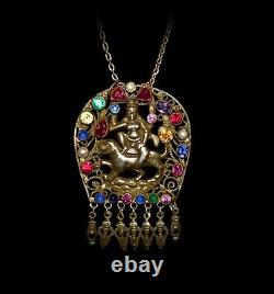 RARE Antique STERLING Jeweled HINDU GODDESS & TIGER Pendant Necklace WOW