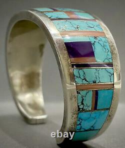 RARE Vintage Navajo Sterling Silver Turquoise Multi Stone Inlay Cuff Bracelet