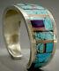 Rare Vintage Navajo Sterling Silver Turquoise Multi Stone Inlay Cuff Bracelet