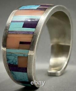 RARE Vintage Navajo Sterling Silver Turquoise Multi Stone Inlay Cuff Bracelet