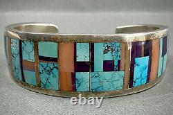 RARE Vintage Navajo Sterling Silver Turquoise Multi Stone Inlay Cuff Bracelet