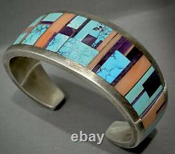 RARE Vintage Navajo Sterling Silver Turquoise Multi Stone Inlay Cuff Bracelet