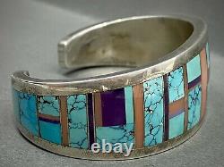 RARE Vintage Navajo Sterling Silver Turquoise Multi Stone Inlay Cuff Bracelet