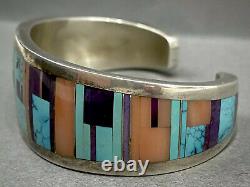 RARE Vintage Navajo Sterling Silver Turquoise Multi Stone Inlay Cuff Bracelet