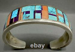 RARE Vintage Navajo Sterling Silver Turquoise Multi Stone Inlay Cuff Bracelet