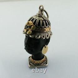 Rare Ebony Carved Blackamoor 18K Gold Sterling Silver Vintage Charm Pendant