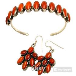 Rare Vintage Navajo Nakai Coral Sterling Silver Bracelet Set Earrings