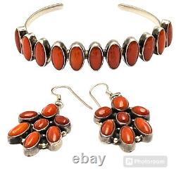 Rare Vintage Navajo Nakai Coral Sterling Silver Bracelet Set Earrings