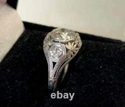 Retro Edwardian Round Diamond Vintage Ring 14K White Gold FN Engagement Ring