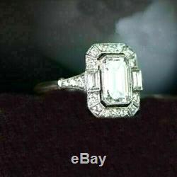 Retro Vintage Art Deco 3 Ct Emerald Diamond 14K White Gold Over Engagement Ring
