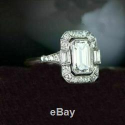 Retro, Vintage Art Deco Engagement Ring 4 Ct Emerald Diamond 14K White Gold Over