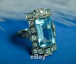 Retro Vintage Engagement Ring Aquamarine Antique 3Ct Diamond 14k White Gold Over