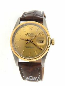 Rolex Datejust 16013 Mens Stainless Steel 18K Gold Watch Champagne Dial Brown