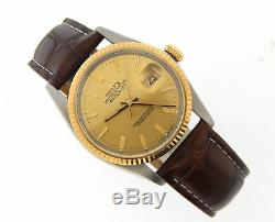 Rolex Datejust 16013 Mens Stainless Steel 18K Gold Watch Champagne Dial Brown