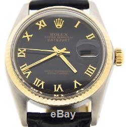 Rolex Datejust Mens 2Tone 18K Yellow Gold Stainless Watch Black Roman Dial 16013